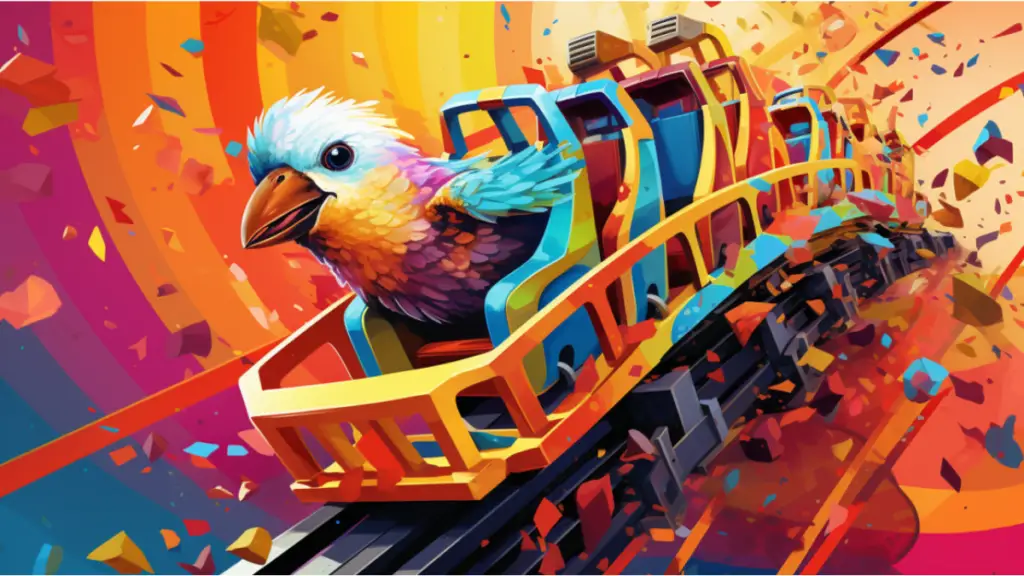 a bird perched inside a moving roller coaster cart