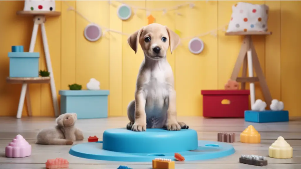 a young puppy sitting successfully on a small blue potty-training pad