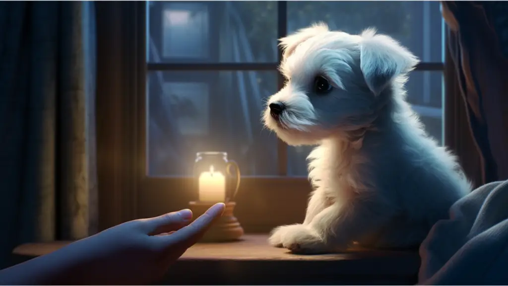 adorable puppy being gently awakened by a woman's hand in a softly lit room