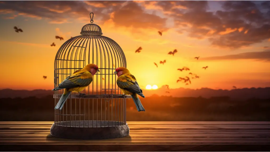 two lovebirds in a cage with a sunset in the background