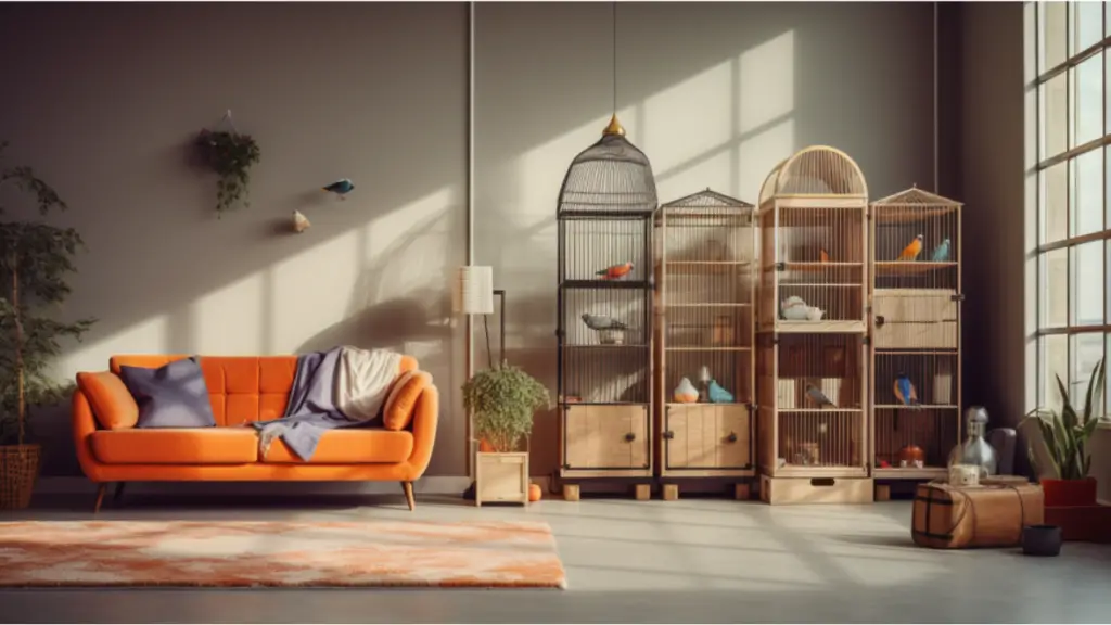 a photo of a modern spacious living room with a bird cage and two suitcases