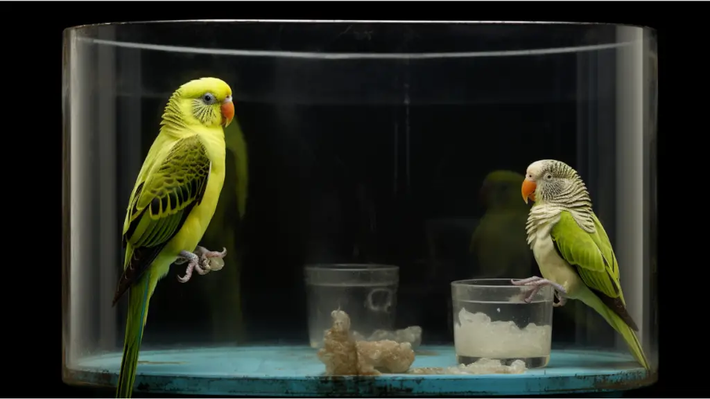 a vibrant parakeet thriving in a pristine glass birdcage