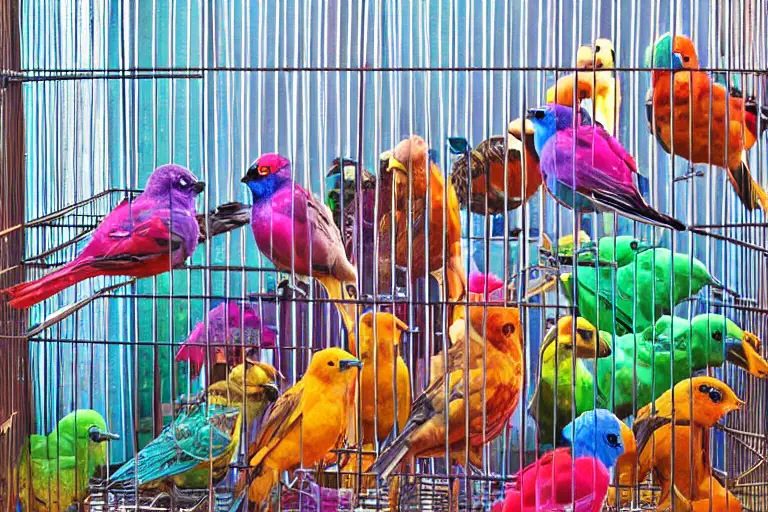 colorful birds in a cage