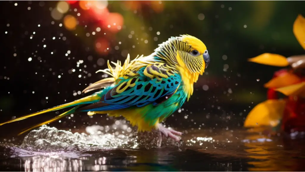 a budgie splashing in a shallow pool of water