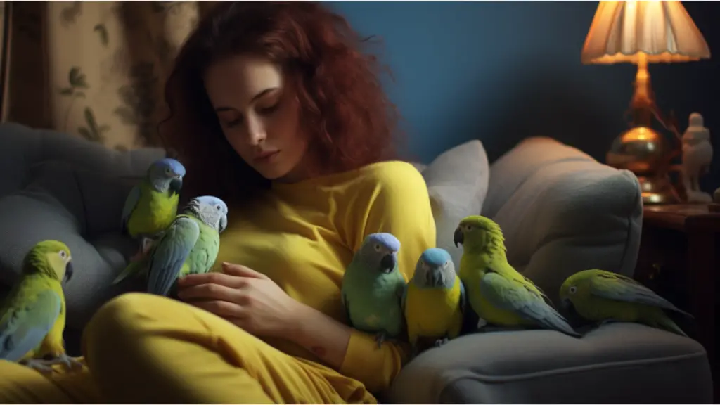 a person sitting in a cozy living room, surrounded by flying budgies